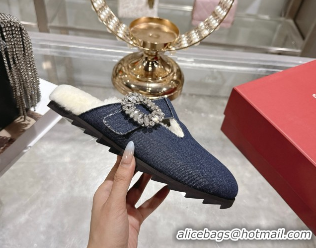 1:1 aaaaa Roger Vivier Slidy Viv' Mules 2.5cm in Denim and Wool with Strass Buckle Blue 030061
