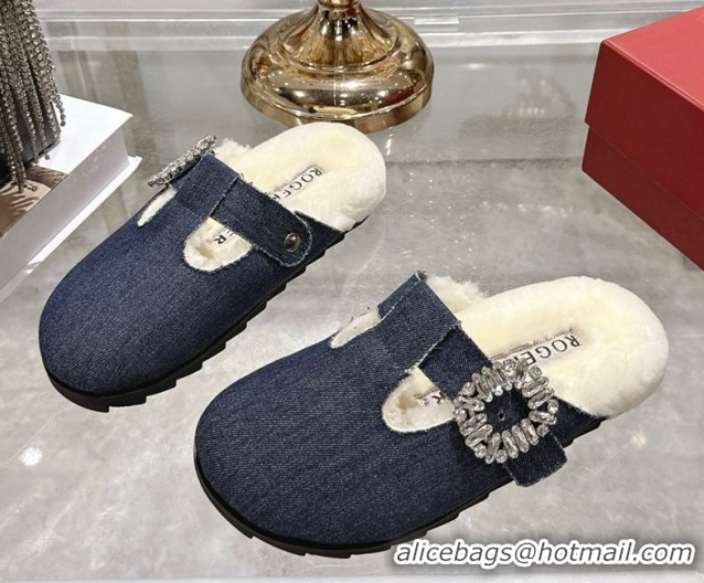 1:1 aaaaa Roger Vivier Slidy Viv' Mules 2.5cm in Denim and Wool with Strass Buckle Blue 030061
