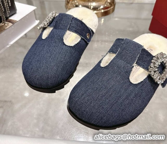 1:1 aaaaa Roger Vivier Slidy Viv' Mules 2.5cm in Denim and Wool with Strass Buckle Blue 030061