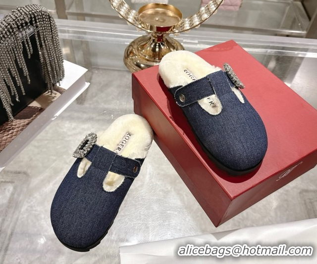 1:1 aaaaa Roger Vivier Slidy Viv' Mules 2.5cm in Denim and Wool with Strass Buckle Blue 030061