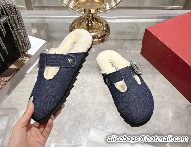 1:1 aaaaa Roger Vivier Slidy Viv' Mules 2.5cm in Denim and Wool with Strass Buckle Blue 030061