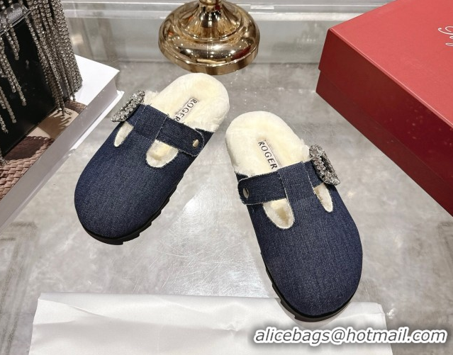 1:1 aaaaa Roger Vivier Slidy Viv' Mules 2.5cm in Denim and Wool with Strass Buckle Blue 030061