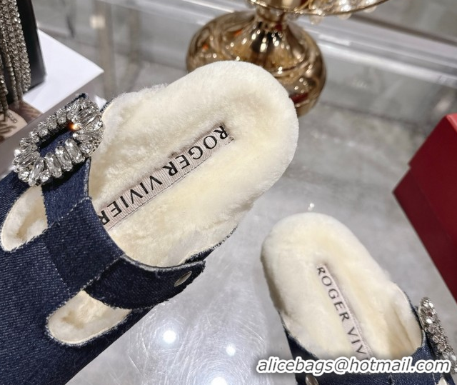 1:1 aaaaa Roger Vivier Slidy Viv' Mules 2.5cm in Denim and Wool with Strass Buckle Blue 030061