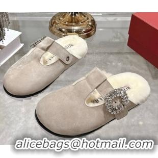 1:1 Roger Vivier Slidy Viv' Mules 2.5cm in Suede and Wool with Strass Buckle Grey 1030062