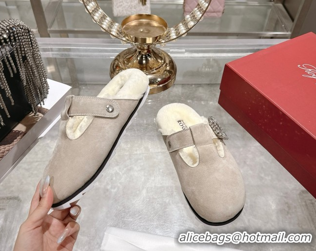 1:1 Roger Vivier Slidy Viv' Mules 2.5cm in Suede and Wool with Strass Buckle Grey 1030062