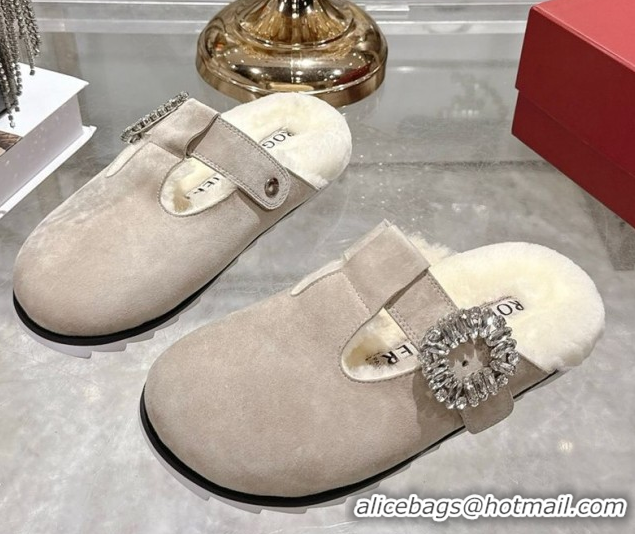 1:1 Roger Vivier Slidy Viv' Mules 2.5cm in Suede and Wool with Strass Buckle Grey 1030062