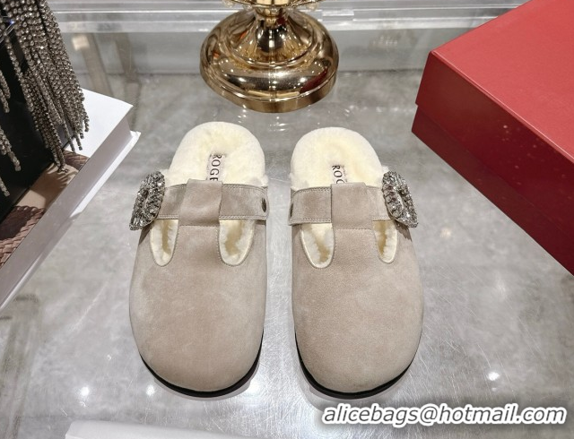 1:1 Roger Vivier Slidy Viv' Mules 2.5cm in Suede and Wool with Strass Buckle Grey 1030062