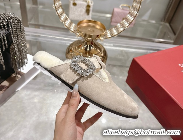 1:1 Roger Vivier Slidy Viv' Mules 2.5cm in Suede and Wool with Strass Buckle Grey 1030062