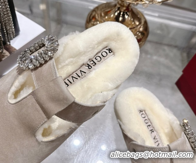 1:1 Roger Vivier Slidy Viv' Mules 2.5cm in Suede and Wool with Strass Buckle Grey 1030062