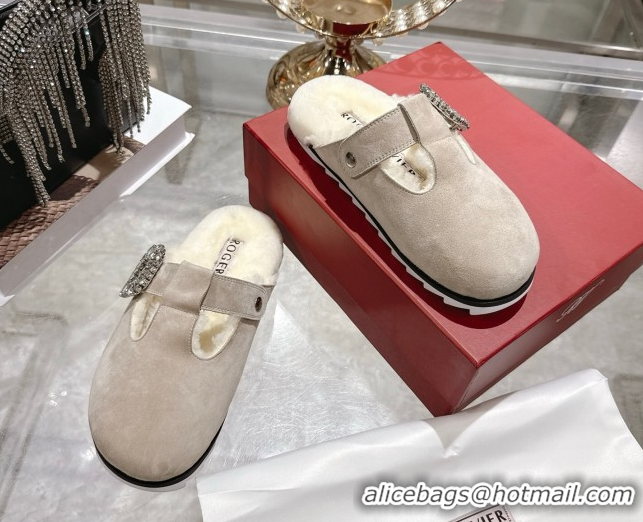 1:1 Roger Vivier Slidy Viv' Mules 2.5cm in Suede and Wool with Strass Buckle Grey 1030062