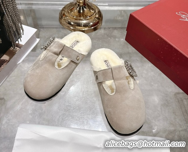 1:1 Roger Vivier Slidy Viv' Mules 2.5cm in Suede and Wool with Strass Buckle Grey 1030062