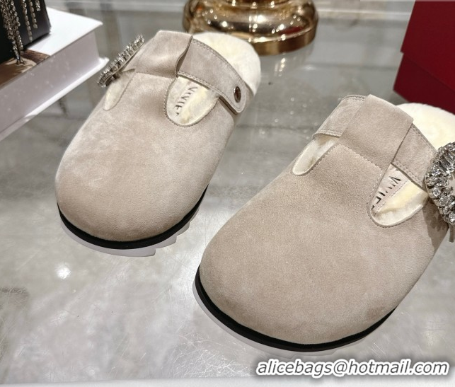 1:1 Roger Vivier Slidy Viv' Mules 2.5cm in Suede and Wool with Strass Buckle Grey 1030062