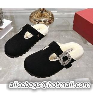 Duplicate Roger Vivier Slidy Viv' Mules 2.5cm in Suede and Wool with Strass Buckle Black 1030063