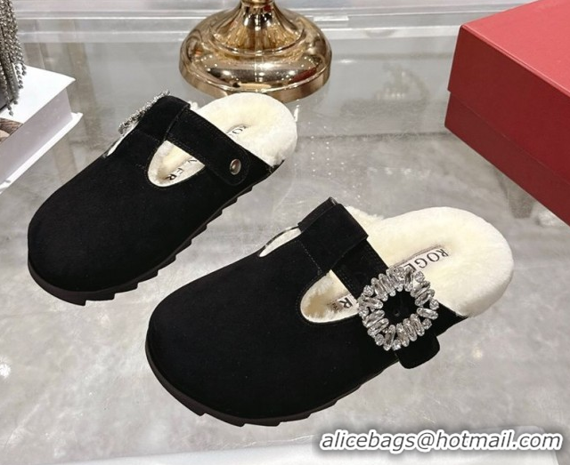 Duplicate Roger Vivier Slidy Viv' Mules 2.5cm in Suede and Wool with Strass Buckle Black 1030063