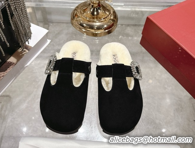 Duplicate Roger Vivier Slidy Viv' Mules 2.5cm in Suede and Wool with Strass Buckle Black 1030063