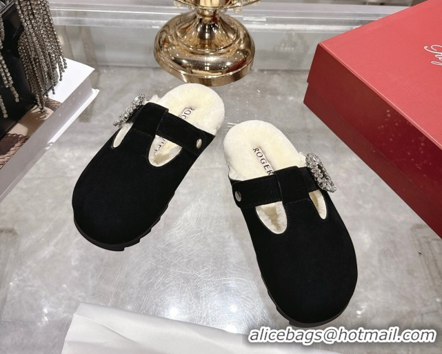 Duplicate Roger Vivier Slidy Viv' Mules 2.5cm in Suede and Wool with Strass Buckle Black 1030063