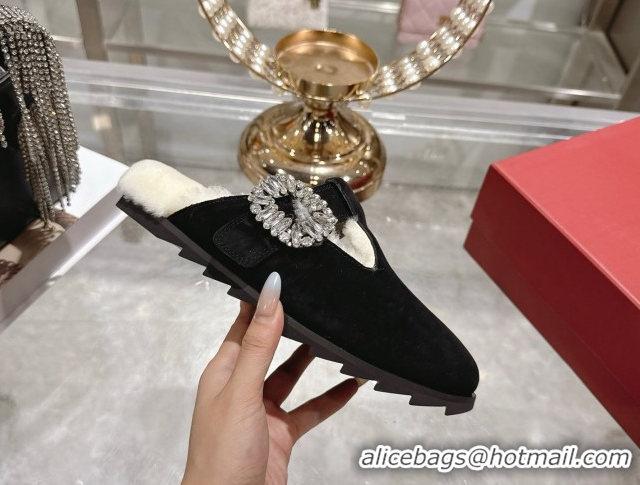Duplicate Roger Vivier Slidy Viv' Mules 2.5cm in Suede and Wool with Strass Buckle Black 1030063
