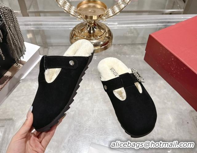 Duplicate Roger Vivier Slidy Viv' Mules 2.5cm in Suede and Wool with Strass Buckle Black 1030063