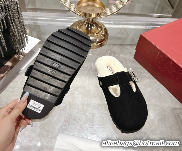 Duplicate Roger Vivier Slidy Viv' Mules 2.5cm in Suede and Wool with Strass Buckle Black 1030063