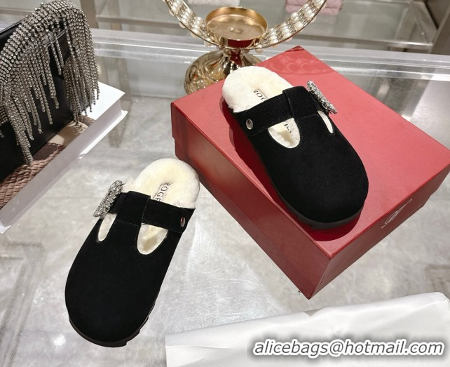Duplicate Roger Vivier Slidy Viv' Mules 2.5cm in Suede and Wool with Strass Buckle Black 1030063