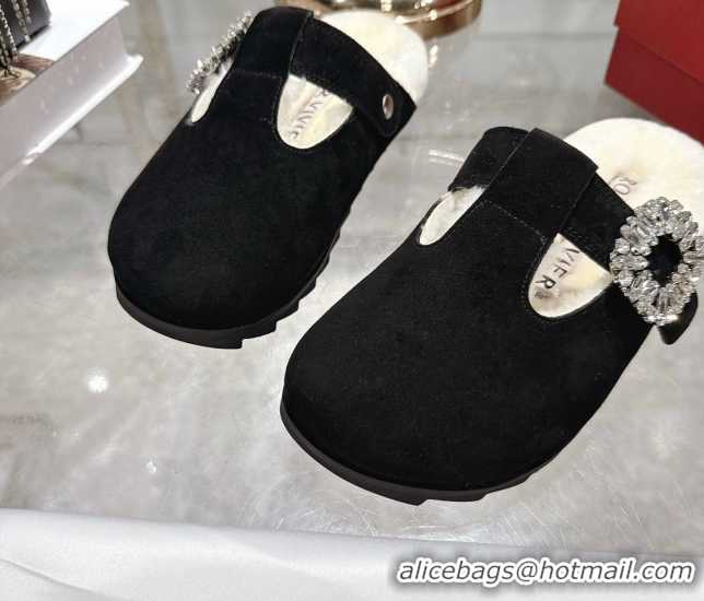 Duplicate Roger Vivier Slidy Viv' Mules 2.5cm in Suede and Wool with Strass Buckle Black 1030063