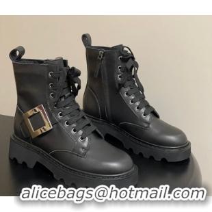 Stylish Roger Vivier Viv' Rangers Truck Ankle Boots 5cm in Leather with Metal-Tone Buckle Black 1030064