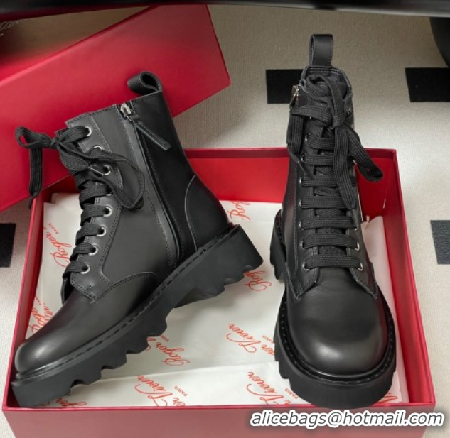 Stylish Roger Vivier Viv' Rangers Truck Ankle Boots 5cm in Leather with Metal-Tone Buckle Black 1030064