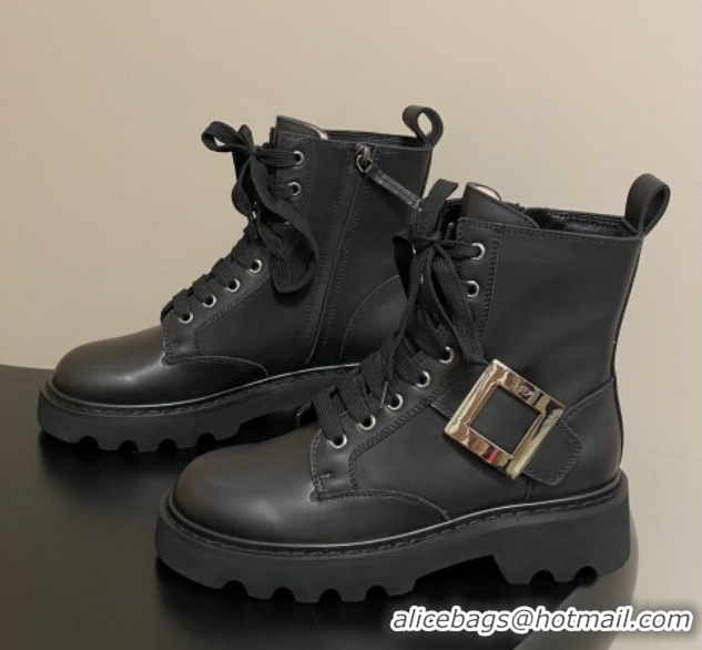 Stylish Roger Vivier Viv' Rangers Truck Ankle Boots 5cm in Leather with Metal-Tone Buckle Black 1030064