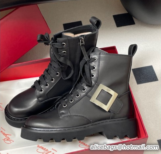 Stylish Roger Vivier Viv' Rangers Truck Ankle Boots 5cm in Leather with Metal-Tone Buckle Black 1030064