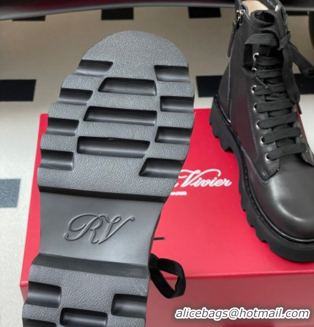 Stylish Roger Vivier Viv' Rangers Truck Ankle Boots 5cm in Leather with Metal-Tone Buckle Black 1030064