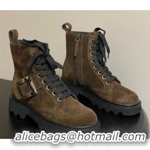 Stylish Roger Vivier Viv' Rangers Truck Ankle Boots 5cm in Suede with Metal-Tone Buckle Brown 1030065