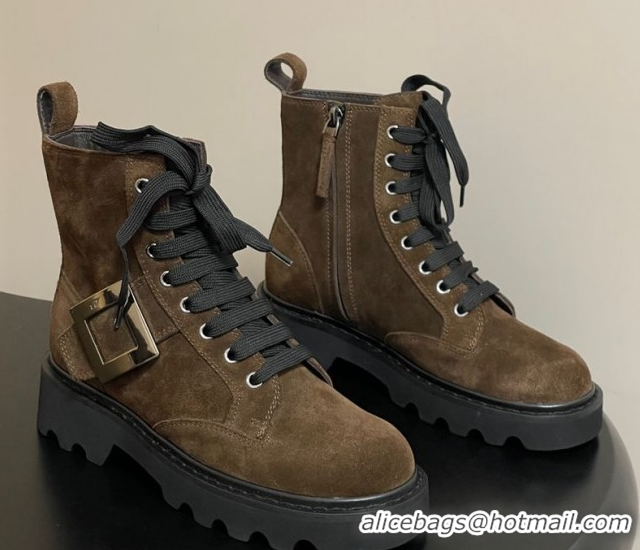 Stylish Roger Vivier Viv' Rangers Truck Ankle Boots 5cm in Suede with Metal-Tone Buckle Brown 1030065