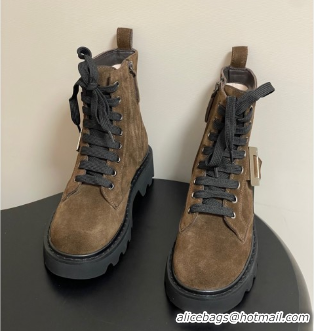 Stylish Roger Vivier Viv' Rangers Truck Ankle Boots 5cm in Suede with Metal-Tone Buckle Brown 1030065