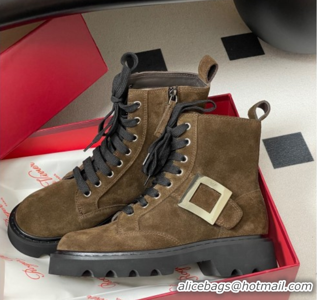Stylish Roger Vivier Viv' Rangers Truck Ankle Boots 5cm in Suede with Metal-Tone Buckle Brown 1030065