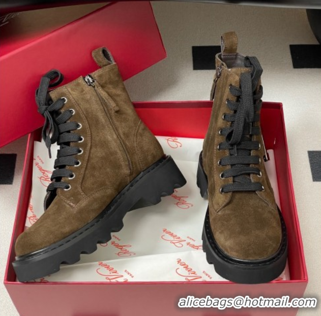 Stylish Roger Vivier Viv' Rangers Truck Ankle Boots 5cm in Suede with Metal-Tone Buckle Brown 1030065