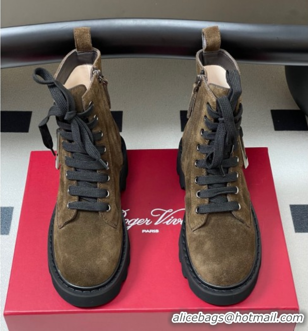 Stylish Roger Vivier Viv' Rangers Truck Ankle Boots 5cm in Suede with Metal-Tone Buckle Brown 1030065