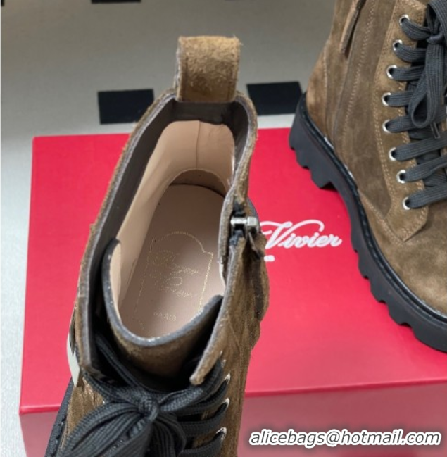 Stylish Roger Vivier Viv' Rangers Truck Ankle Boots 5cm in Suede with Metal-Tone Buckle Brown 1030065
