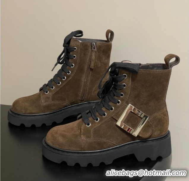 Stylish Roger Vivier Viv' Rangers Truck Ankle Boots 5cm in Suede with Metal-Tone Buckle Brown 1030065