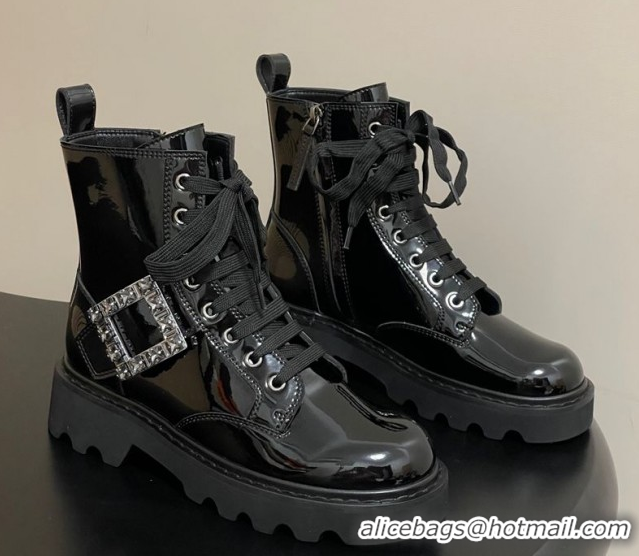 Sophisticated Roger Vivier Viv' Rangers Truck Ankle Boots 5cm in Shiny Leather with Strass Buckle Black 1030066