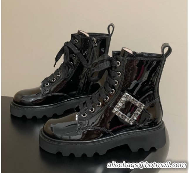 Sophisticated Roger Vivier Viv' Rangers Truck Ankle Boots 5cm in Shiny Leather with Strass Buckle Black 1030066