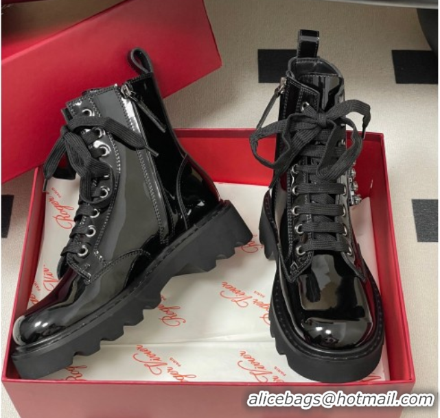 Sophisticated Roger Vivier Viv' Rangers Truck Ankle Boots 5cm in Shiny Leather with Strass Buckle Black 1030066