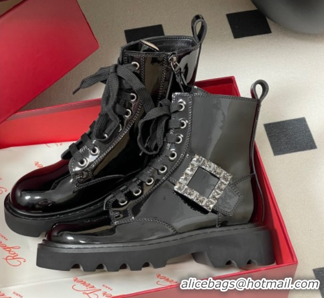 Sophisticated Roger Vivier Viv' Rangers Truck Ankle Boots 5cm in Shiny Leather with Strass Buckle Black 1030066