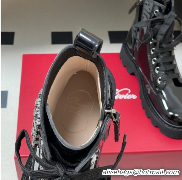 Sophisticated Roger Vivier Viv' Rangers Truck Ankle Boots 5cm in Shiny Leather with Strass Buckle Black 1030066