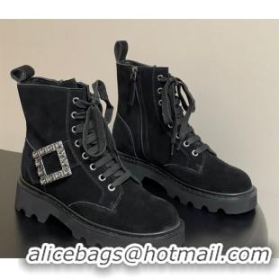 Perfect Roger Vivier Viv' Rangers Truck Ankle Boots 5cm in Suede with Strass Buckle Black 1030067