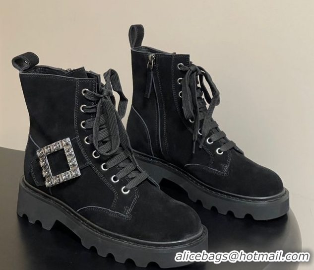 Perfect Roger Vivier Viv' Rangers Truck Ankle Boots 5cm in Suede with Strass Buckle Black 1030067