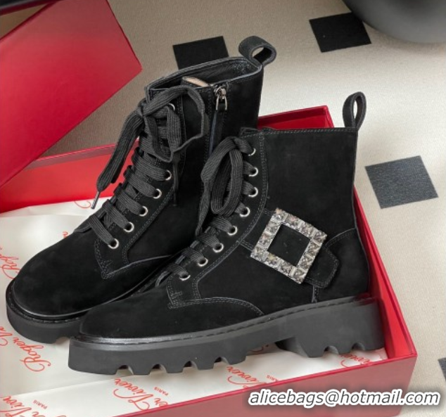 Perfect Roger Vivier Viv' Rangers Truck Ankle Boots 5cm in Suede with Strass Buckle Black 1030067
