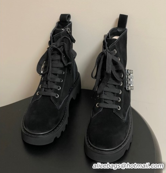 Perfect Roger Vivier Viv' Rangers Truck Ankle Boots 5cm in Suede with Strass Buckle Black 1030067