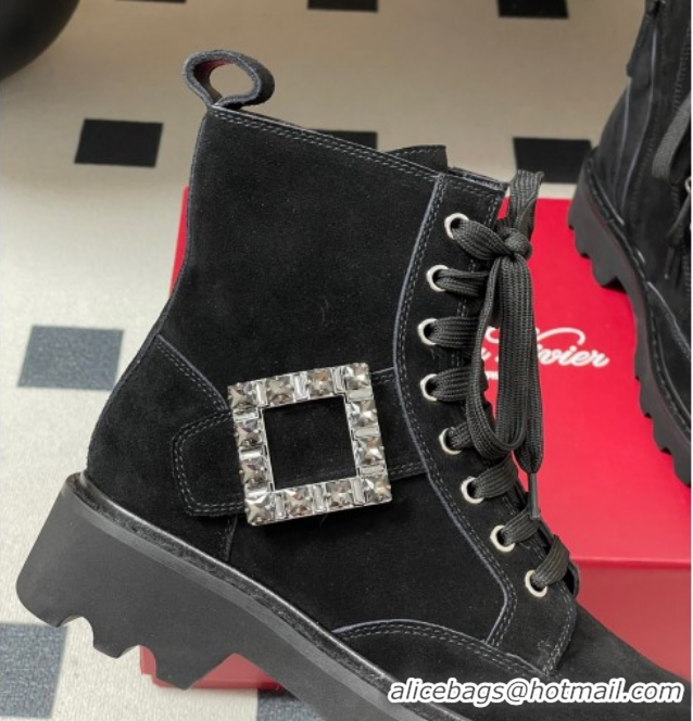 Perfect Roger Vivier Viv' Rangers Truck Ankle Boots 5cm in Suede with Strass Buckle Black 1030067