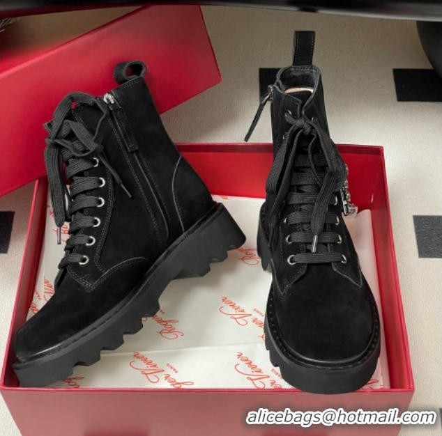 Perfect Roger Vivier Viv' Rangers Truck Ankle Boots 5cm in Suede with Strass Buckle Black 1030067