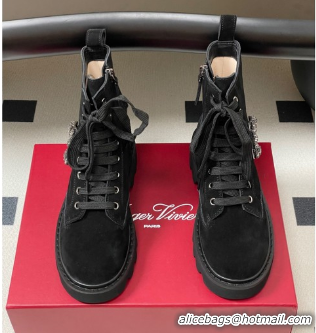 Perfect Roger Vivier Viv' Rangers Truck Ankle Boots 5cm in Suede with Strass Buckle Black 1030067